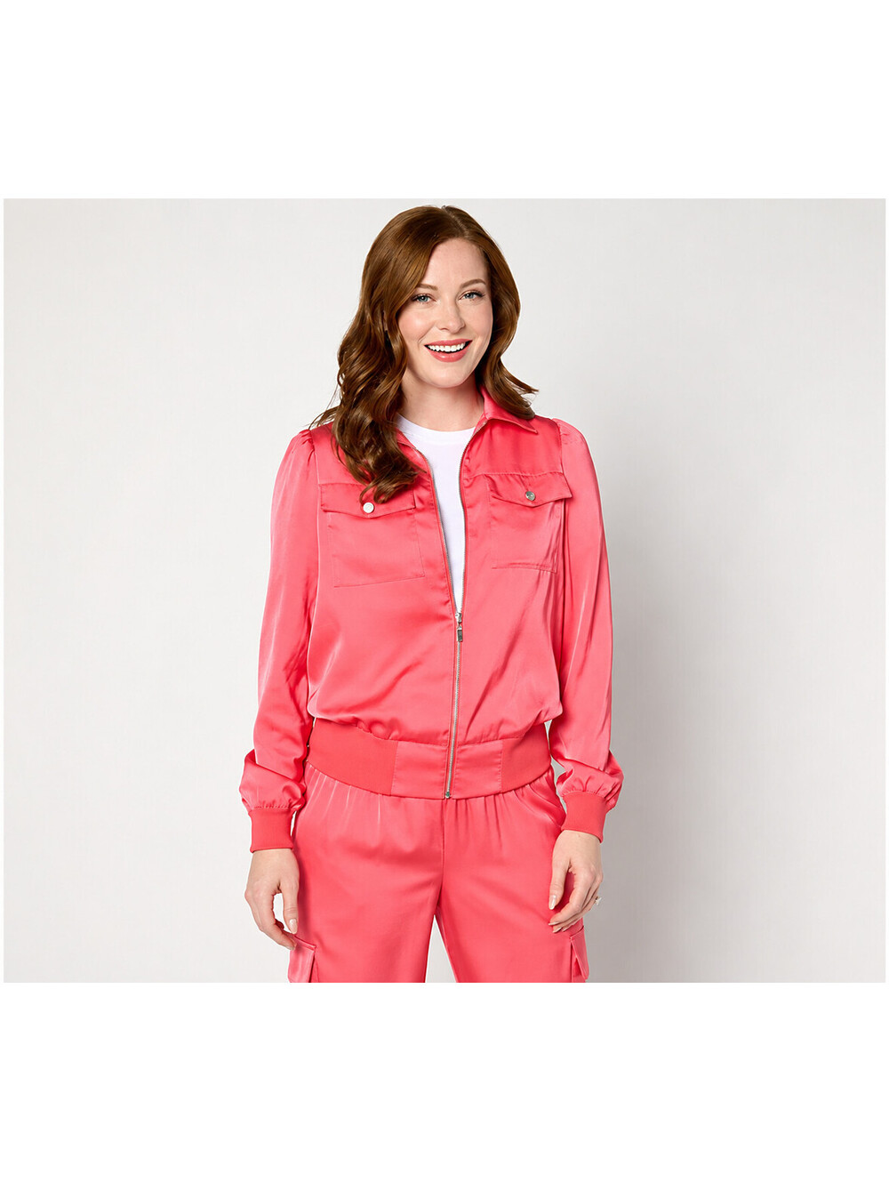 Nicole by Nicole Miller Satin Long Sleeve Full Zip Jacket Paradise Pink, Small